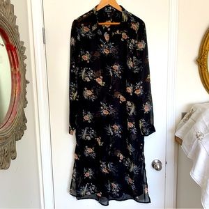 Sheer long sleeve shirt dress / duster with romantic floral bird print. Size 12